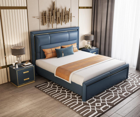 Slaapkamer set Bed 2x Nachtkastje 3-delig Ontwerp Modern Luxe Blauw Goud