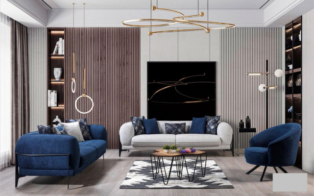 Moderne bankstel Luxe bankstellen Driezits fauteuil Blauw Zitmeubels 3-delig