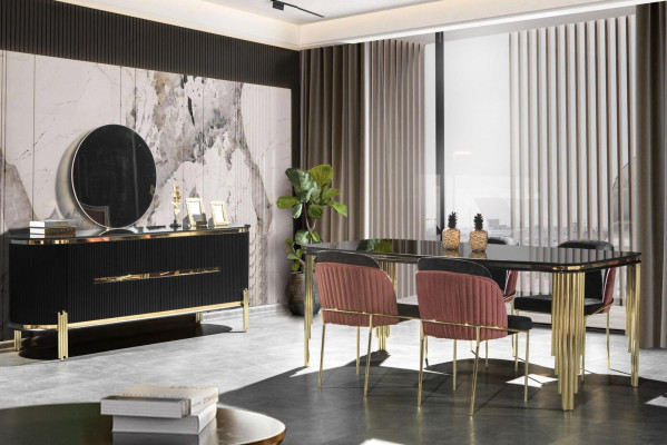Eetkamermeubels Eettafel Roestvrijstalen tafel Gouden houten meubels Zwart Modern