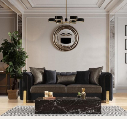 Bank Driezitter Modern Zwart Stoffen Bankstel Ontwerp Woonkamer