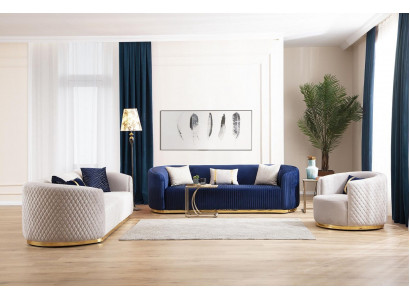 Bankstel driezitter fauteuil roestvrijstalen meubels stoffen zitplaatsen blauw 3+3+1