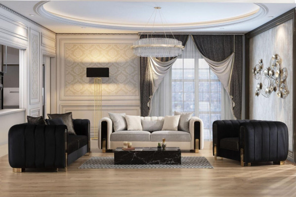 Moderne bankstel 2x driezitter + fauteuil stoffering roestvrijstalen meubels 3-delig