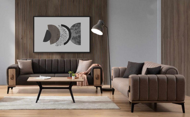 Bruine bankstel 2x driezits luxe set meubels banken banken houten frame