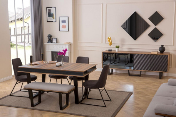 Eetkamerset Eettafel 4x Stoelen Bank Dressoir Eetgroep 3x Spiegels 10 stuks