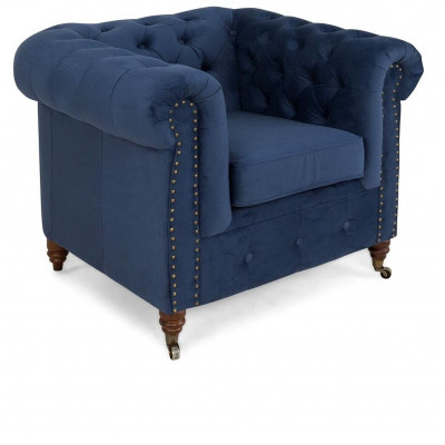 Designer fauteuil 1-zits blauw leder textiel luxe club loungebank Chesterfield