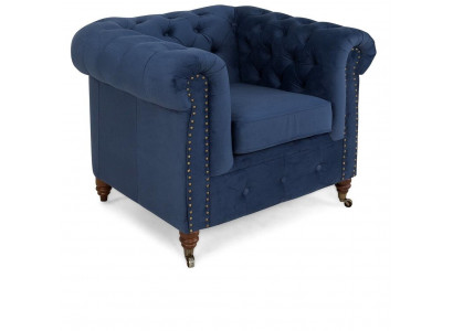 Designer fauteuil 1-zits blauw leder textiel luxe club loungebank Chesterfield