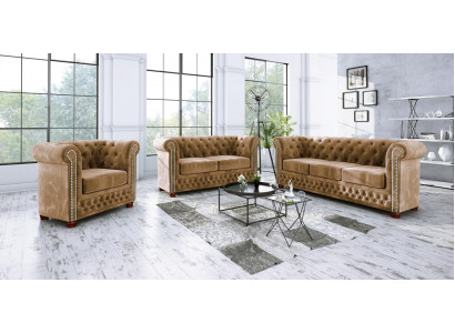 Klassieke Chesterfield tweezitsbank van hoogwaardige kwaliteit, textielbank in bruin design.