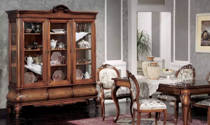 Klassieke eetkamerset houten meubels Eettafel 4x stoelen Vitrine 6-delig