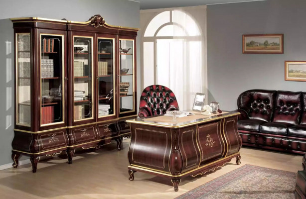 Klassieke kantoorinrichting Bureau Boekenkast 4-delig Houten meubels