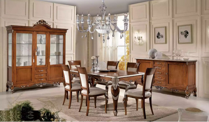 Eettafel 6x stoelen Eetkamer Eethoek Klassieke dressoir 9-delige set