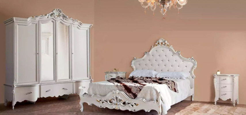 Witte slaapkamer set Klassiek bed 2x nachtkastjes Kledingkast