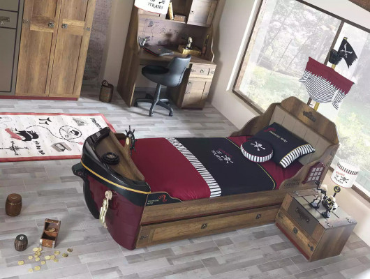 Piraat functioneel kinderbed bruin hout set nachtkastje bedden bed
