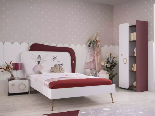Wit-rode kinderkamerset, kinderbed, nachtkastje, kast, houten meubels, 3-delig.