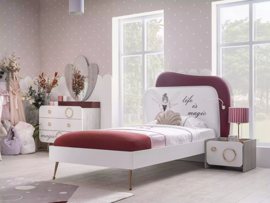 Wit-rode kinderkamerset, kinderbed, nachtkastje, kast, houten meubels, 3-delig.