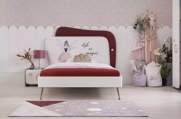 Wit-rode kinderkamerset, kinderbed, nachtkastje, kast, houten meubels, 3-delig.
