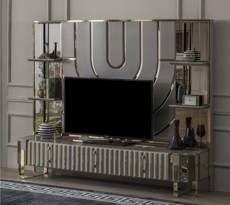 TV-standaard RTV Lowboard dressoir woonkamer goud grijs luxe hout nieuw