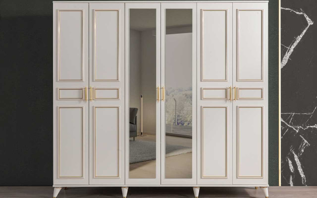 Witte slaapkamermeubels houten glaskast textiel tweepersoonsbed nachtkastjes