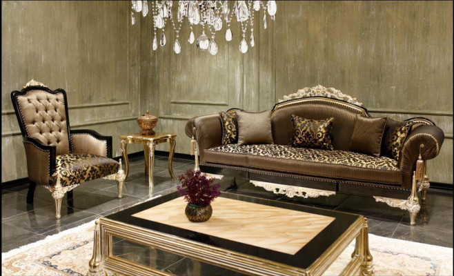 Bruine Chesterfield woonkamerbanken van 3 zits, textiel fauteuil, salontafel.