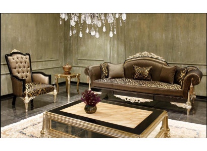 Bruine Chesterfield woonkamerbanken van 3 zits, textiel fauteuil, salontafel.
