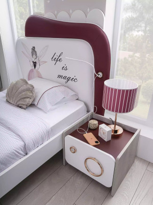 Wit Grijs kinderkamer set Bed Nachtkastje Kledingkast Hout 3-delig