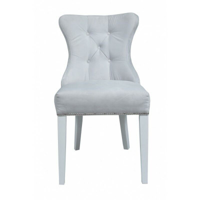 Grijze gestoffeerde Chesterfieldstoel ontworpen door Einitzer fauteuils voor de eetkamer.