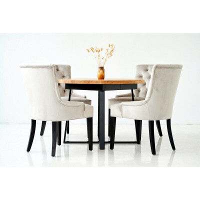Eettafel + 4 Chesterfield stoelen houten zitting stoffering set