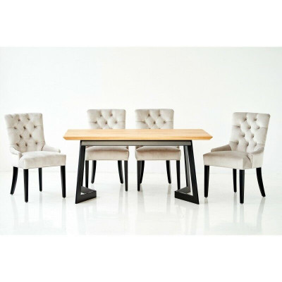 Bruine houten tafel met metalen frame, ontwerper x6 Chesterfield stoelen Luxe 7-delige set.