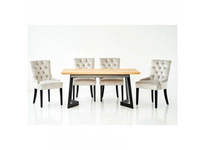 Bruine houten tafel met metalen frame, ontwerper x6 Chesterfield stoelen Luxe 7-delige set.