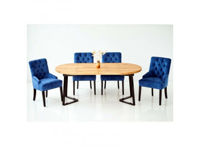 Bruin-blauwe eetkamermeubels, ontwerper houten eettafel met 6 gestoffeerde Chesterfield stoelen.