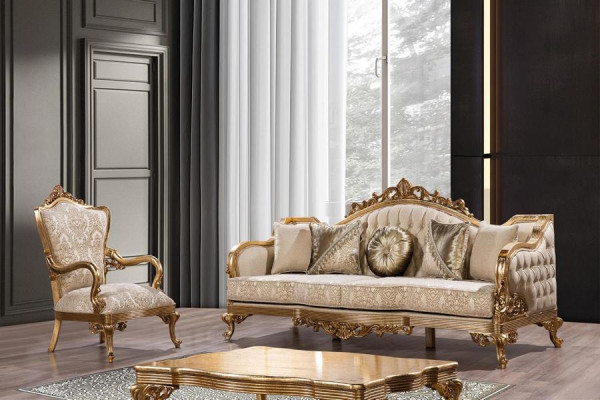 Gouden bankstel Klassieke bankmeubelen Bekleding 3+1 salontafel Stof