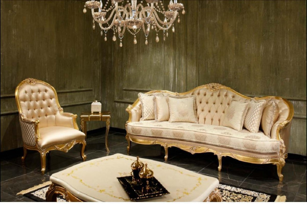 Beige woonkamer Chesterfield bankstel Klassieke 3-zits fauteuil