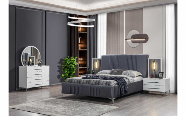 Witte slaapkamer meubels Textielbed Grote kledingkast Nachtkastjes