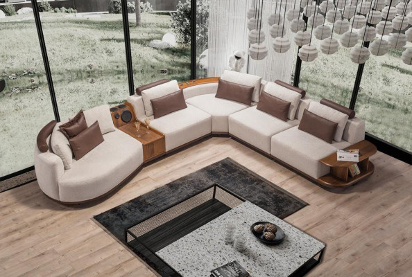 Beige woonkamer hoekbank Exclusieve L-vorm bank Modern houten frame