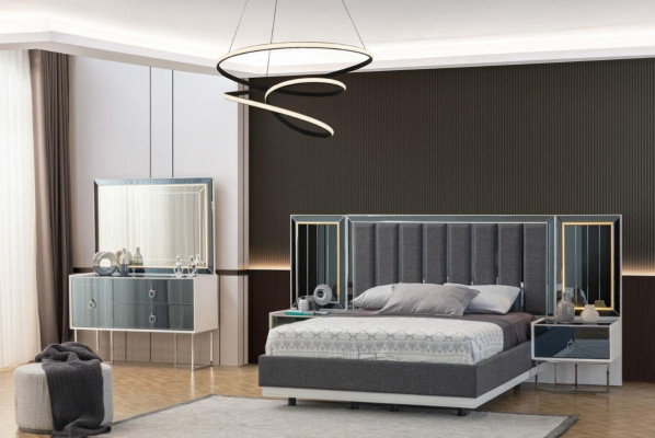 Moderne grijze en witte slaapkamer meubels houten nachtkastjes tweepersoonsbed 5-delig
