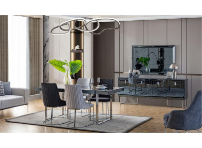 Moderne eetkamer meubels Houten tafel 4x stoffen stoelen Dressoir Spiegel