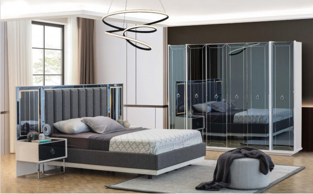 Designer slaapkamer set met tweepersoonsbedden, nachtkastje en kledingkast.