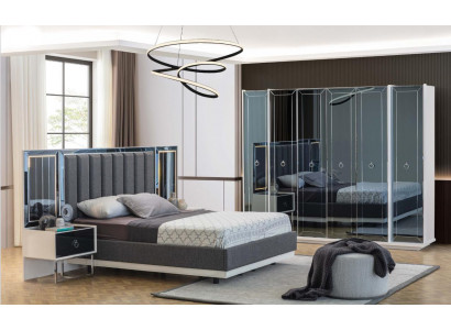 Designer slaapkamer set met tweepersoonsbedden, nachtkastje en kledingkast.