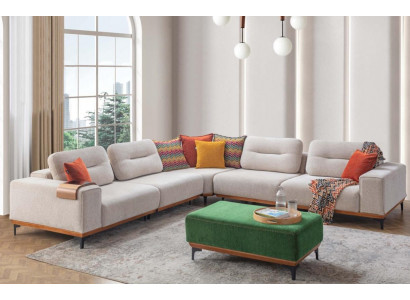 Designer woonkamerset bestaat uit een 2-delige hoekbank in L-vorm en een hocker.