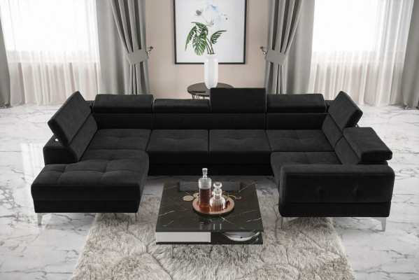 Moderne luxe automatische hoekbank van stof in U-vorm. Textiel zwart elegant nieuw.