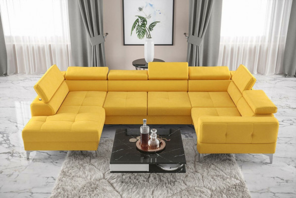 Moderne luxe automatische hoekbank van stof in U-vorm. Textiel zwart elegant nieuw.