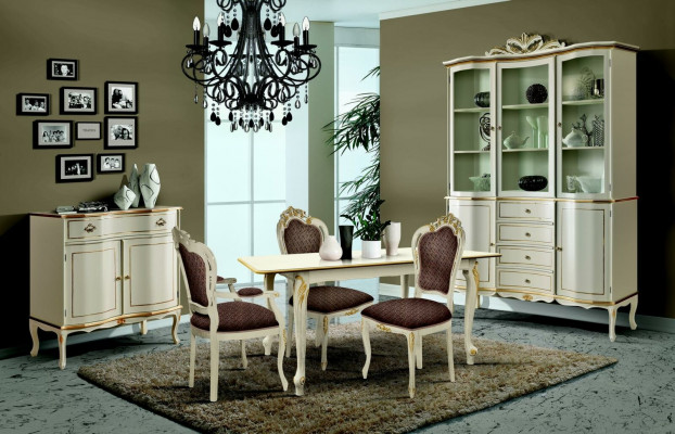 Luxe eetkamerset, 6 delen, wit houten meubilair, commode, 3 stoelen, tafel