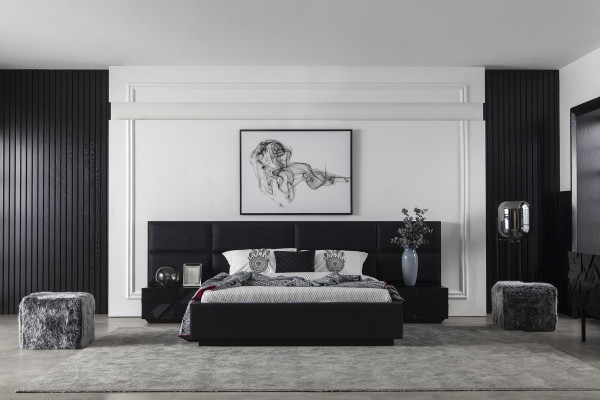 Zwart slaapkamerset bed meubels nachtkastje 3-delig. Lederen bedden
