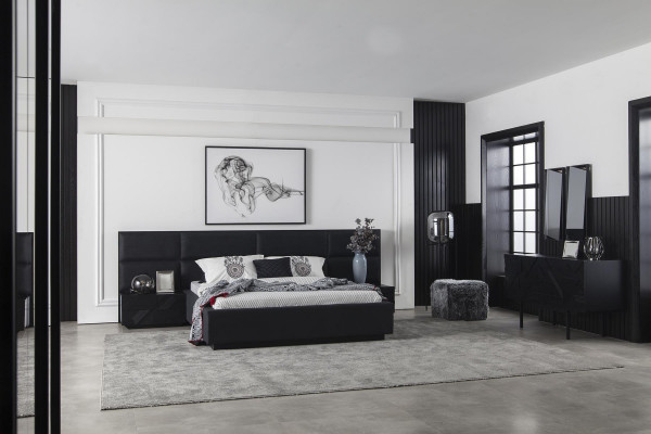 Zwart slaapkamerset bed meubels nachtkastje 3-delig. Lederen bedden