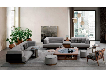 Luxe woonkamerset Grijs bankstel met fauteuil 2x poef Modern design