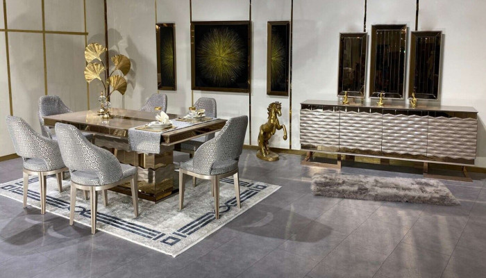 Luxe eetkamerset Eettafel 6x stoelen Dressoir Sideboard Spiegel 11-delig