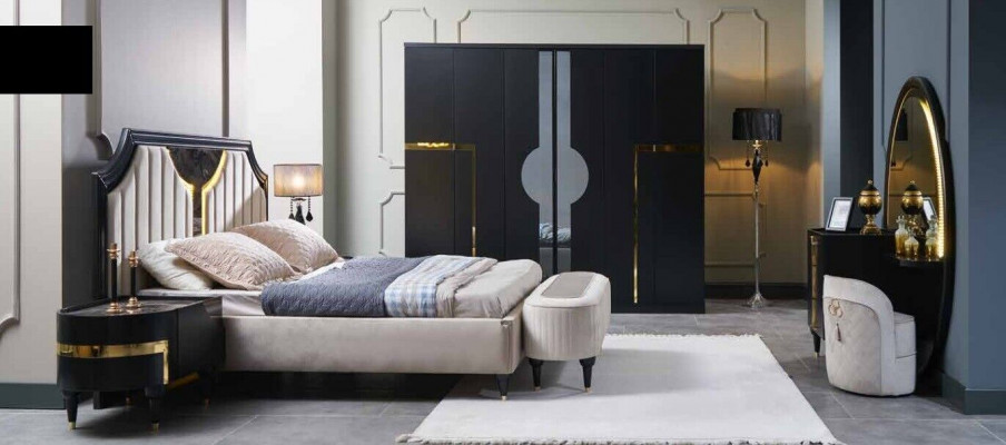 Slaapkamer Bed Nachtkastje Kledingkast Commode Spiegel Kruk Zwart 7-delig