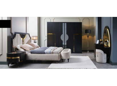 Slaapkamer Bed Nachtkastje Kledingkast Commode Spiegel Kruk Zwart 7-delig