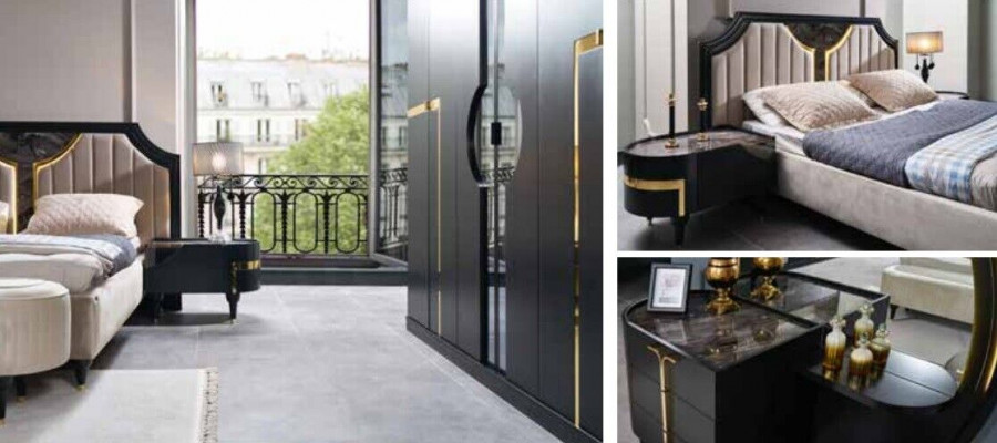 Slaapkamer Bed Nachtkastje Kledingkast Commode Spiegel Kruk Zwart 7-delig