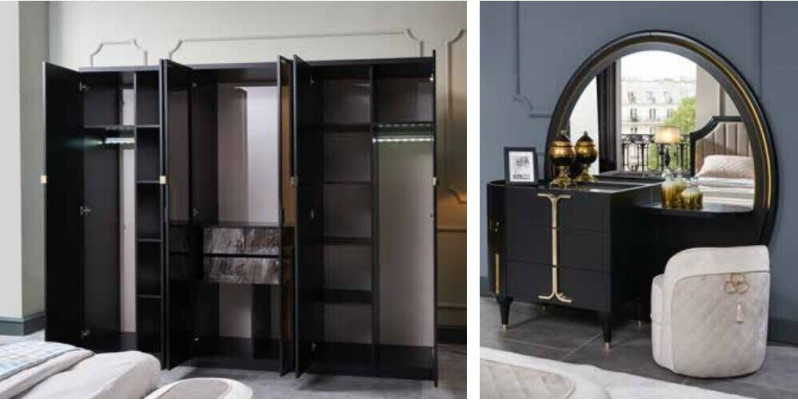 Slaapkamer Bed Nachtkastje Kledingkast Commode Spiegel Kruk Zwart 7-delig