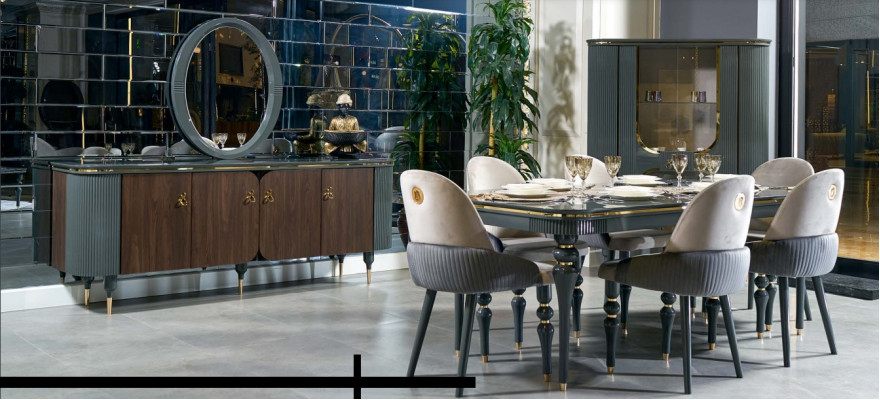 Eetkamer set met dressoir, tafel, 6 stoelen, dressoir, spiegel. Modern en nieuw, set van 10 stuks.